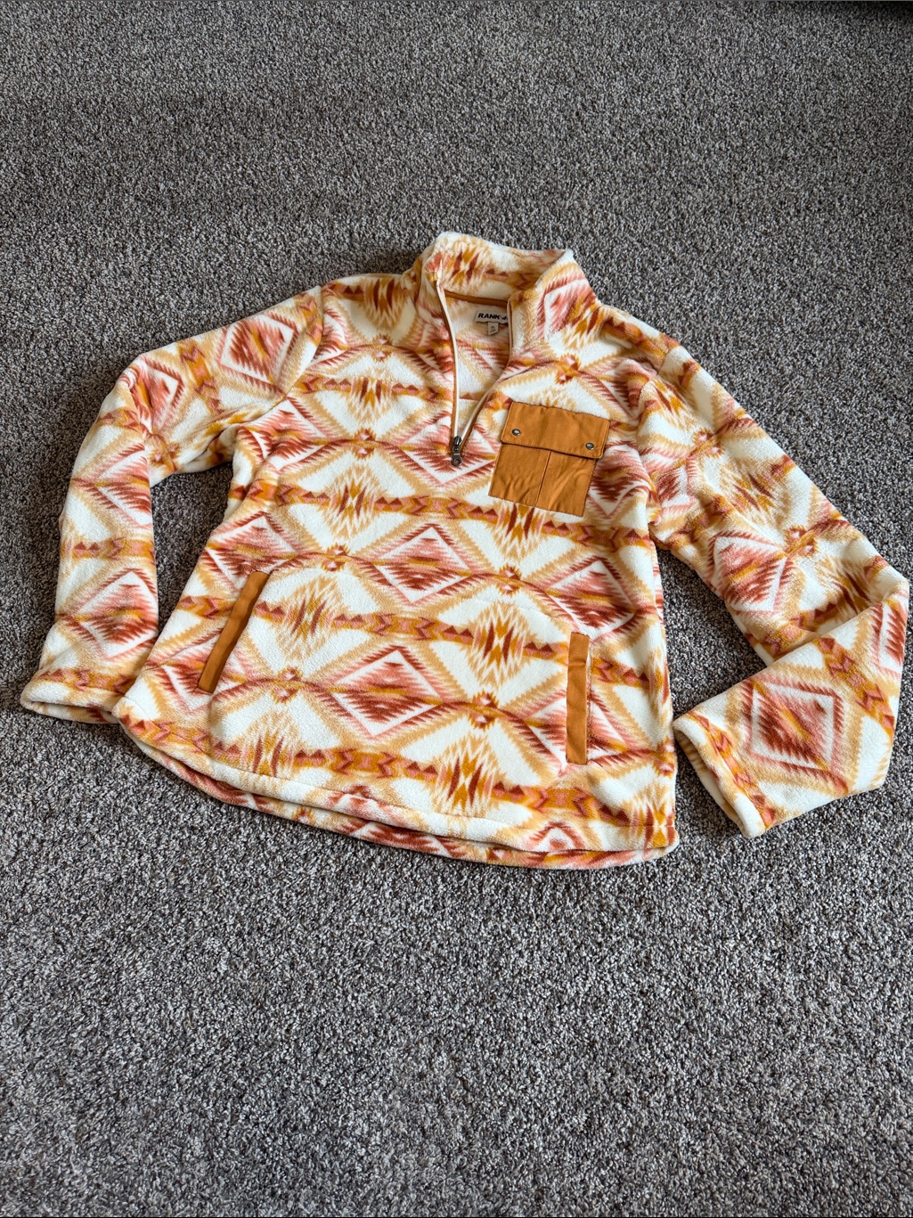 Rank 45 Quarter-Zip Aztec Fleece Pullover In Cream, Mustard & Rust. Size Xl